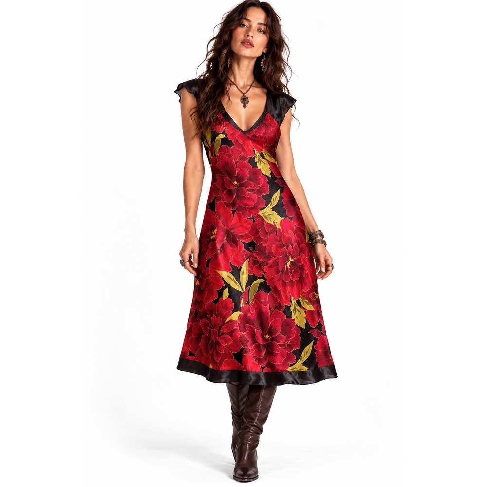 Y2K Slip Dress sz S Black Red Floral Dark Romance Vampy Midi Fairy Goth Grunge